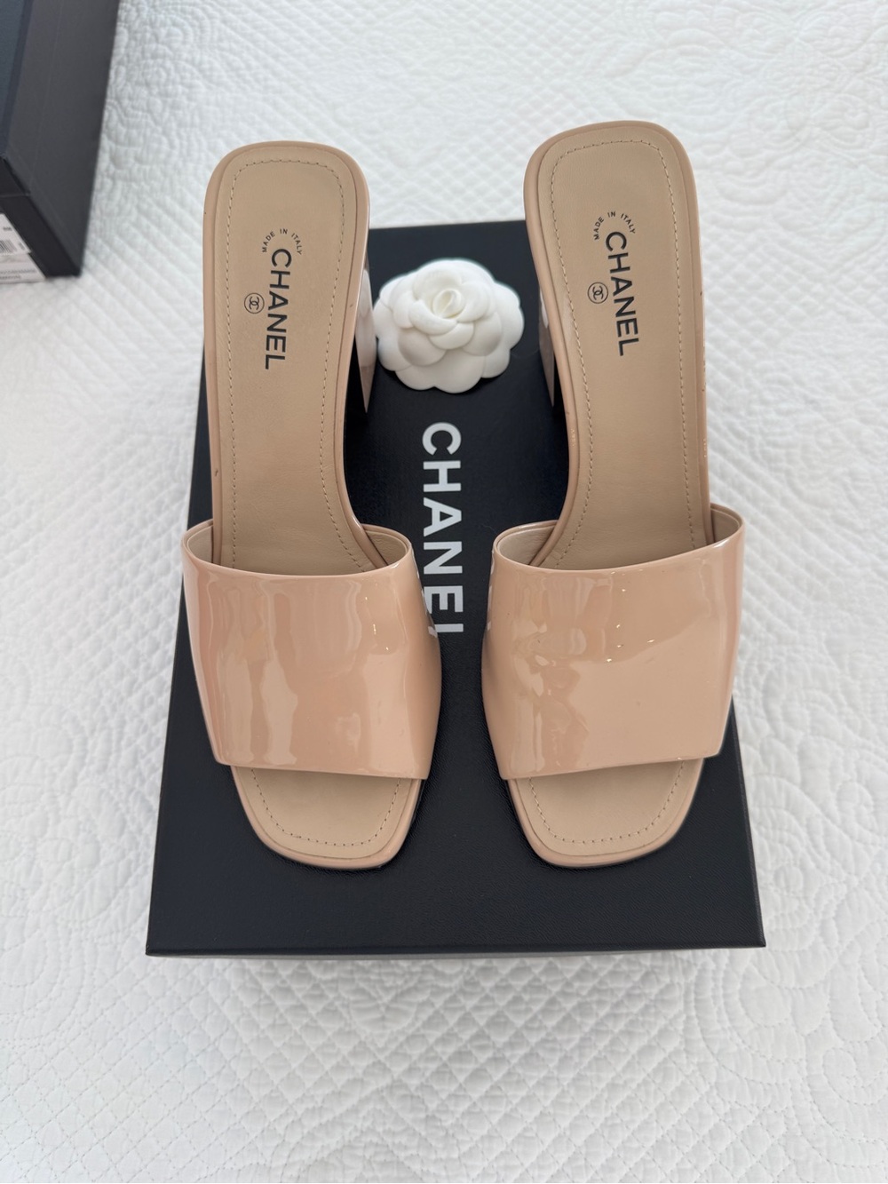 CHANEL Beige Patent Leather Slide Mules